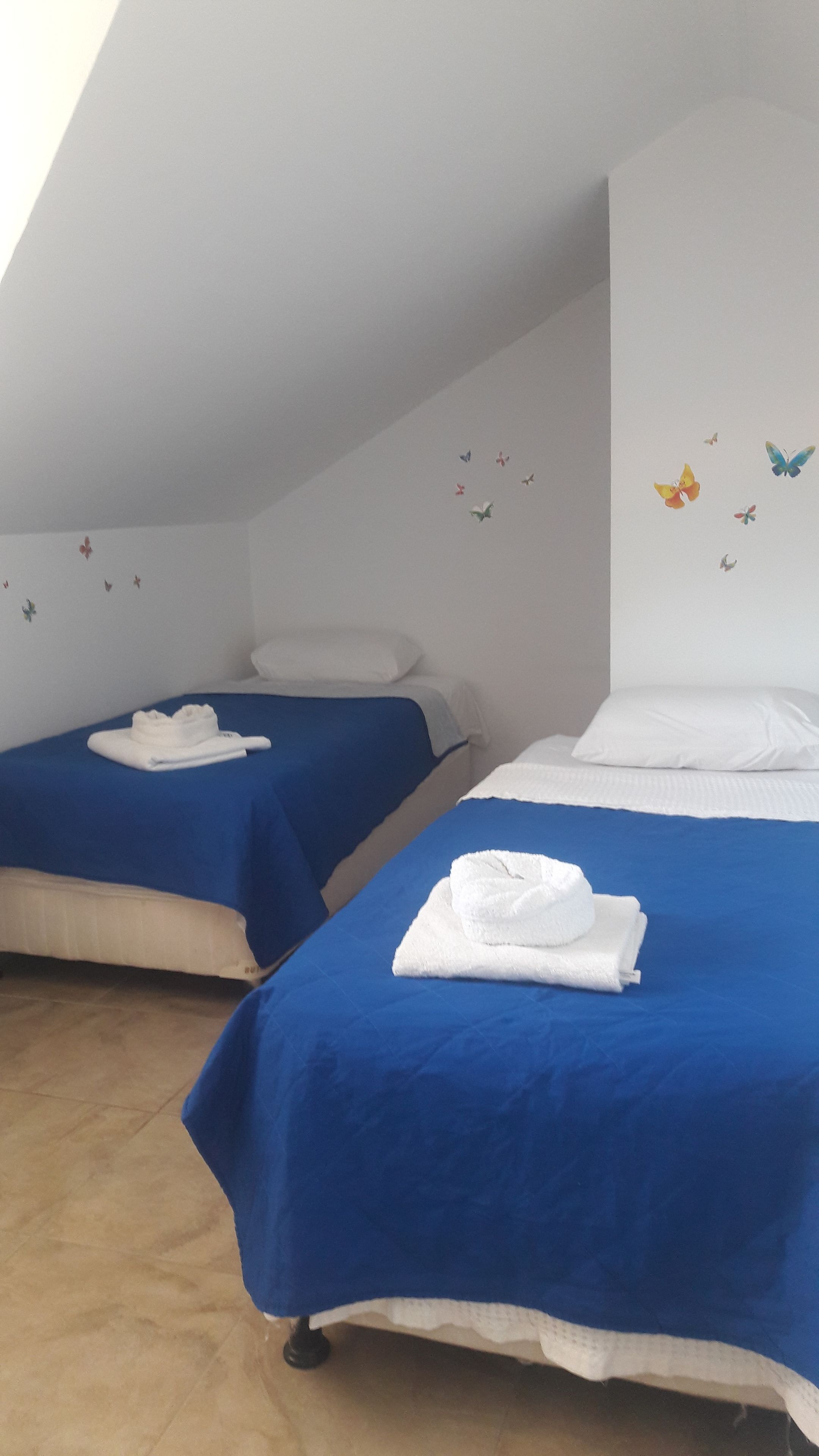 A room with two beds, each with a blue bedspread and white pillows, and a white ceiling with butterfly decals.