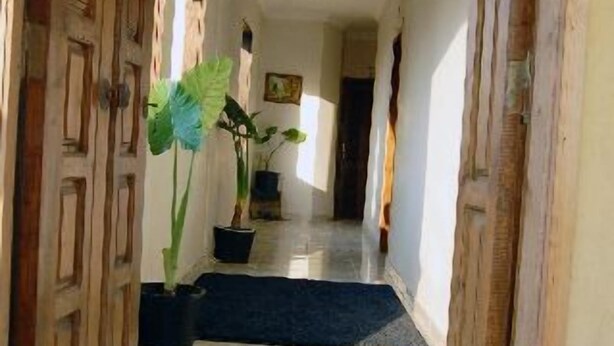 Um corredor com portas de madeira, plantas em vasos e piso de azulejos.
