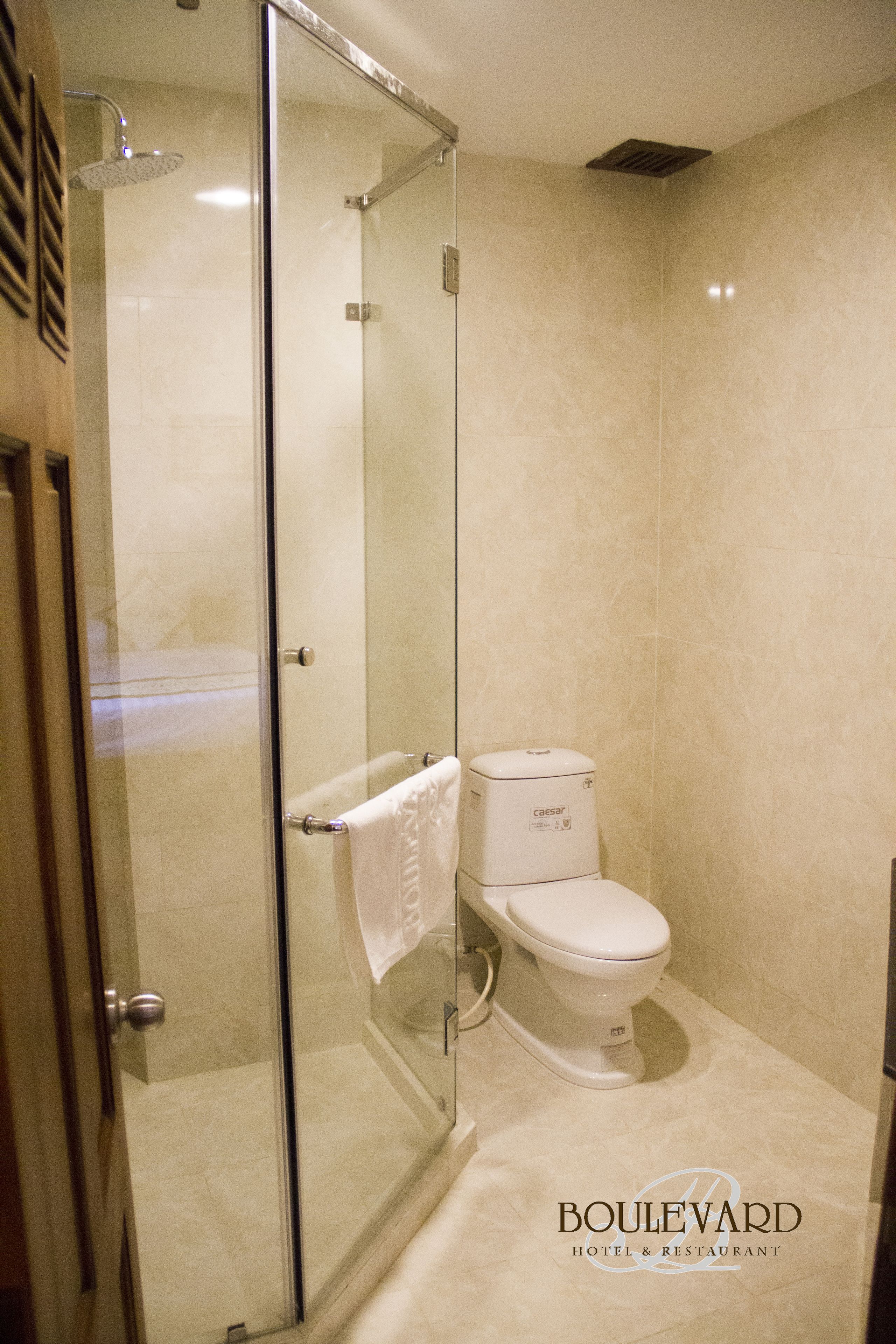 A bathroom with a glass-enclosed shower, a toilet, and a visible towel rack.
