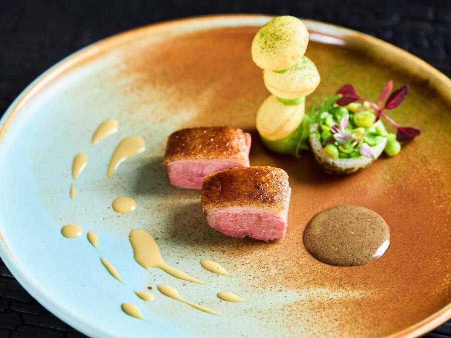 A plate with food items, including two pieces of meat, a dollop of sauce, and a garnish.