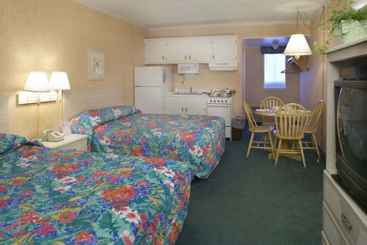 Une chambre d’hôtel de taille réduite, comprenant deux lits, un coin cuisine, un espace repas et un téléviseur.