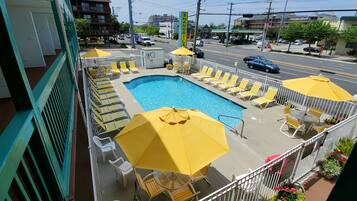 Seasonal outdoor pool, pool umbrellas, sun loungers