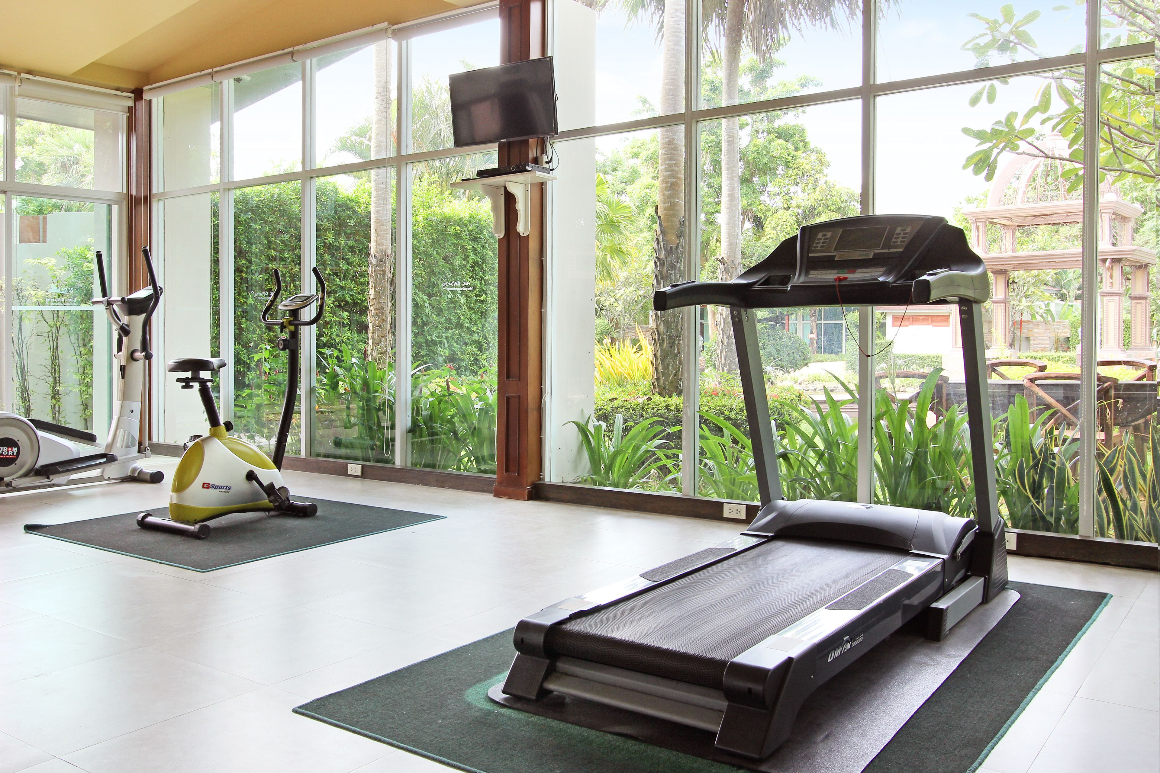Un gimnasio con equipo de ejercicio, ventanas amplias y vistas al verdor.