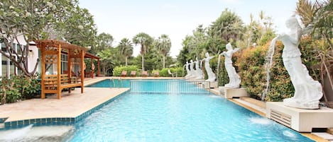 2 outdoor pools, open 7:00 AM to 7:00 PM, pool umbrellas, pool loungers