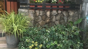 A stone wall with potted plants and flowers in front of a building. - Triple Palms House (Chiang Mai)
