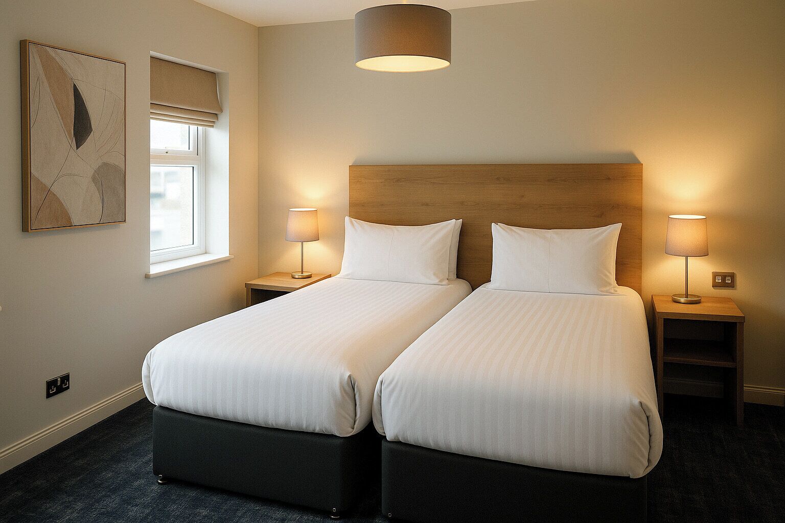 Habitación de hotel con dos camas, un ventanal con persianas, una lámpara en el techo y un cuadro en la pared.
