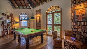 A room with a pool table, bookshelves, a leather chair, and a view through a glass door.
