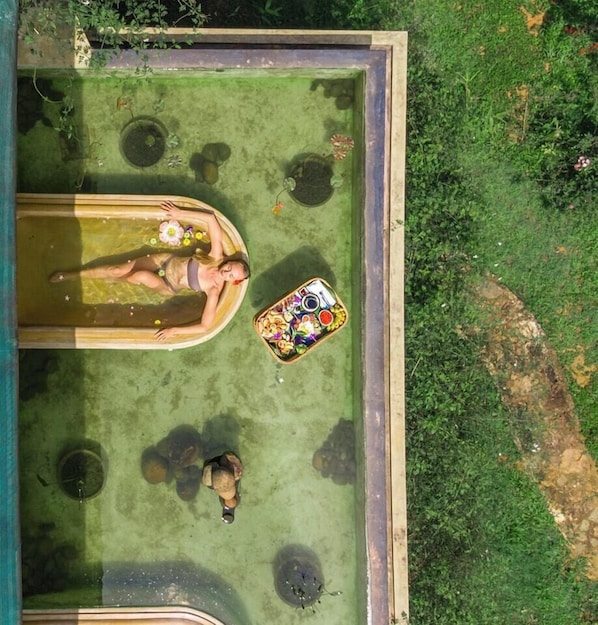 Vista aérea de una piscina con una persona recostada en el borde, rodeada de lirios de agua y una cesta de aperitivos.