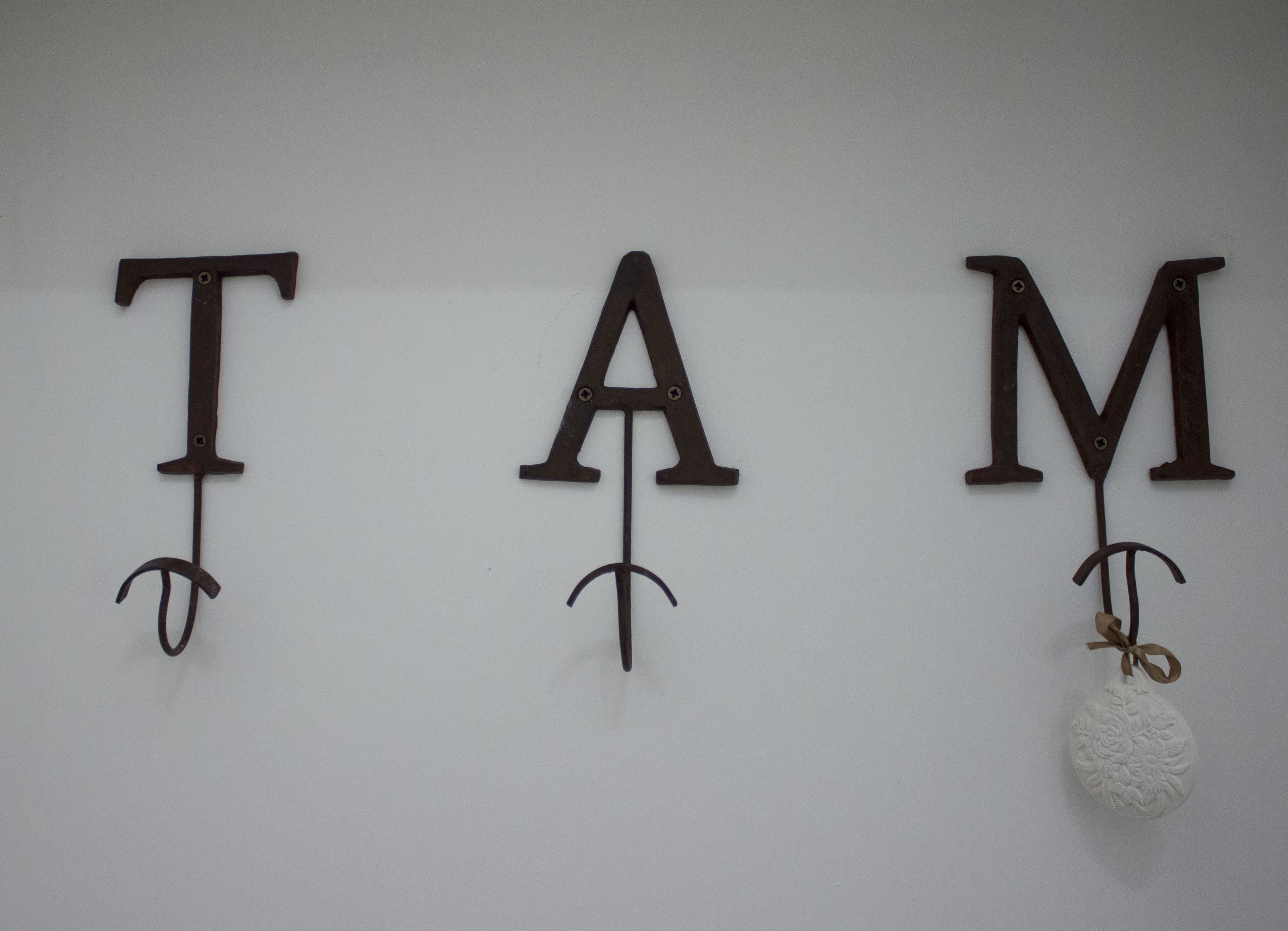 Three metal letters T, A, M mounted on a wall.