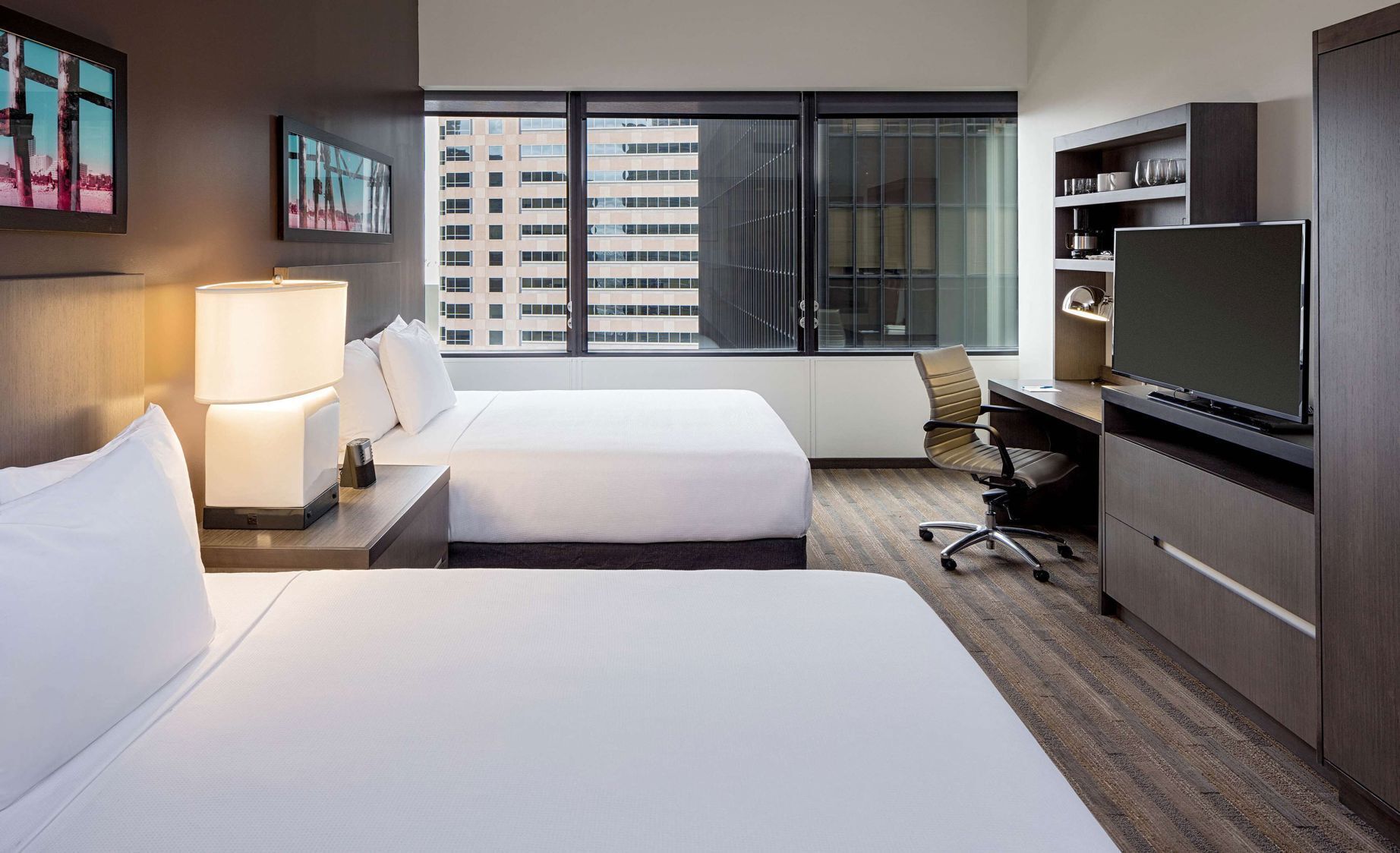 Hypo-allergenic bedding, down duvets, desk, blackout curtains