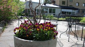 A concrete planter with purple and yellow flowers, outdoor tables and chairs, and a building in the background.