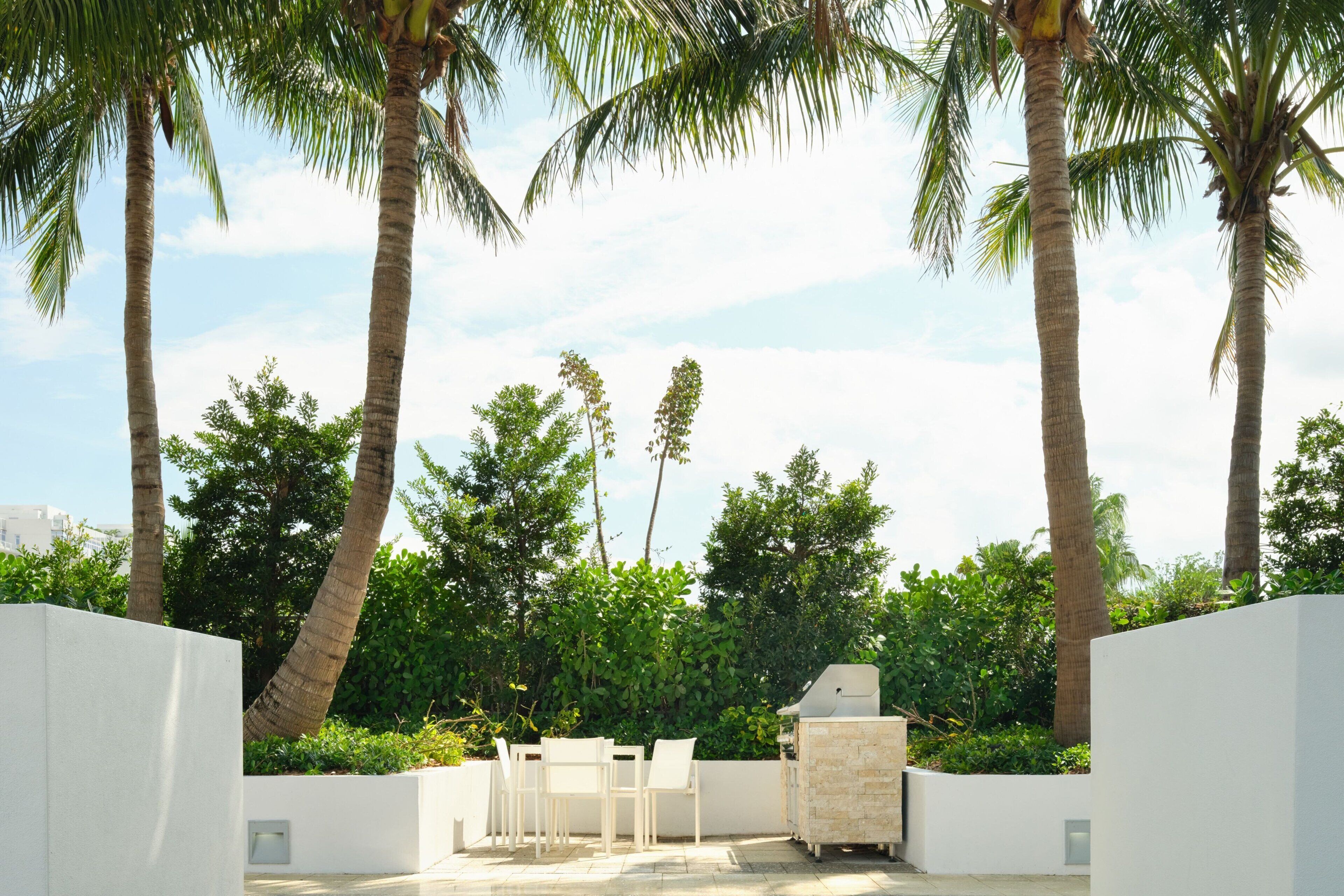 An outdoor patio with a grill, white furniture, and palm trees.
