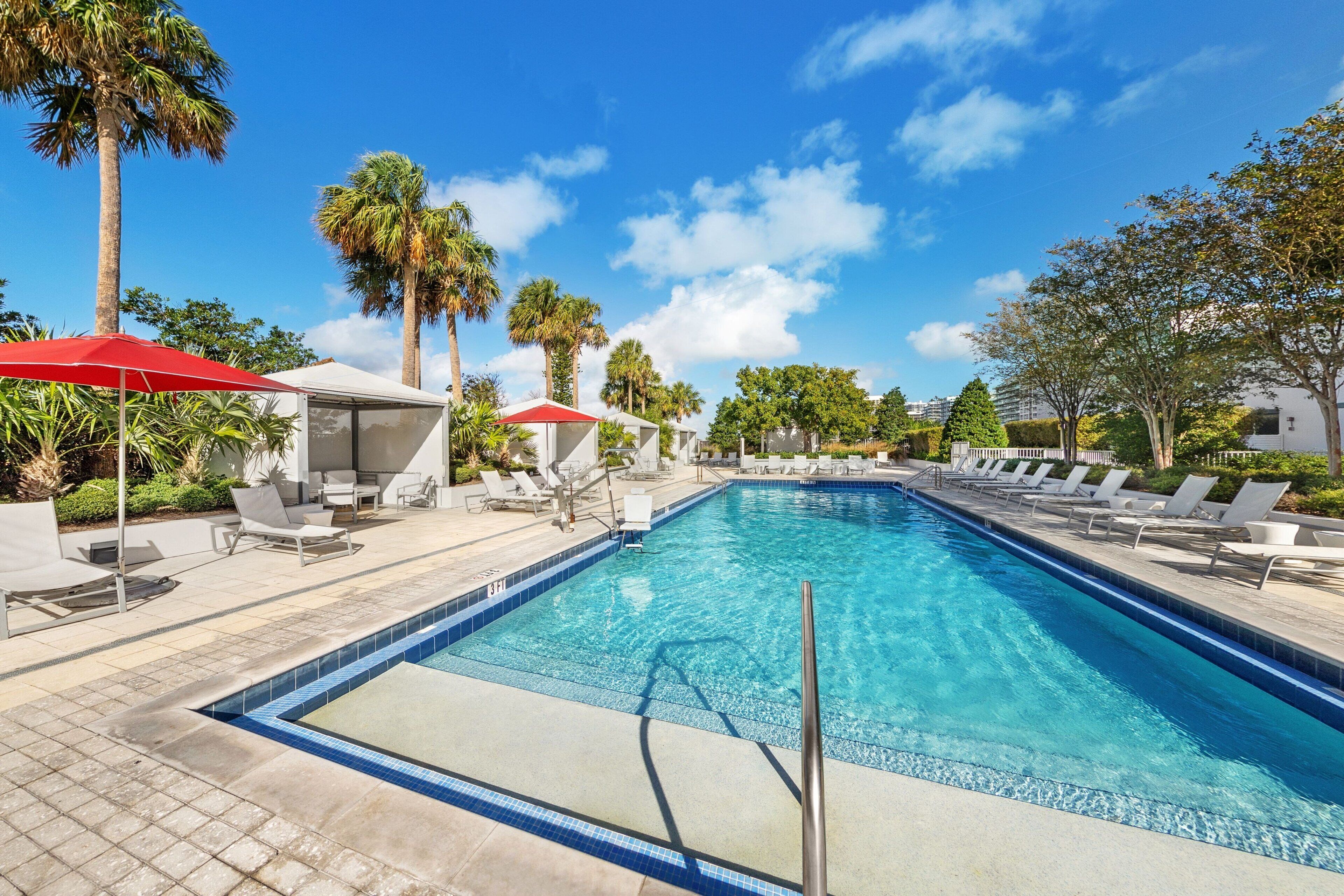 A rectangular swimming pool with clear blue water, surrounded by lounge chairs and umbrellas, with palm trees and a clear sky in the background.