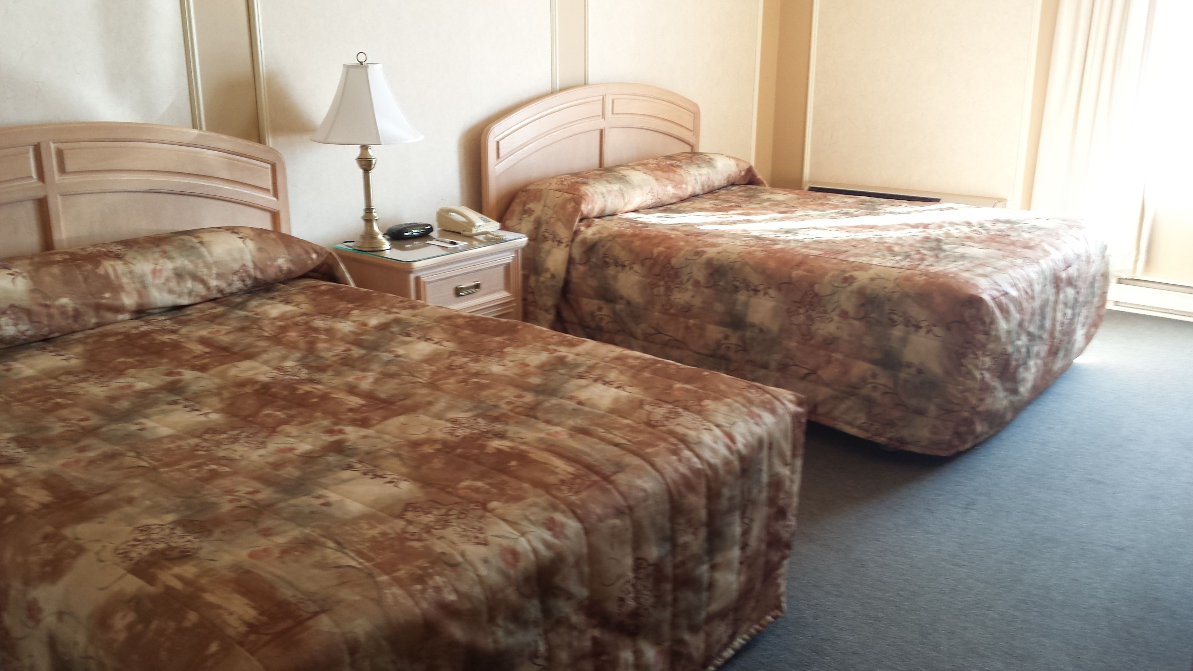A hotel room with two beds, a nightstand with a lamp, and a telephone.