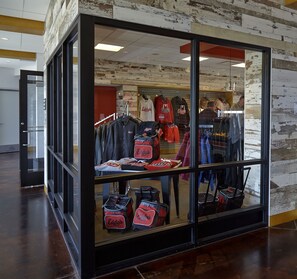 Shop from a curated selection of jackets, hoodies, and bags in this stylish retail space.