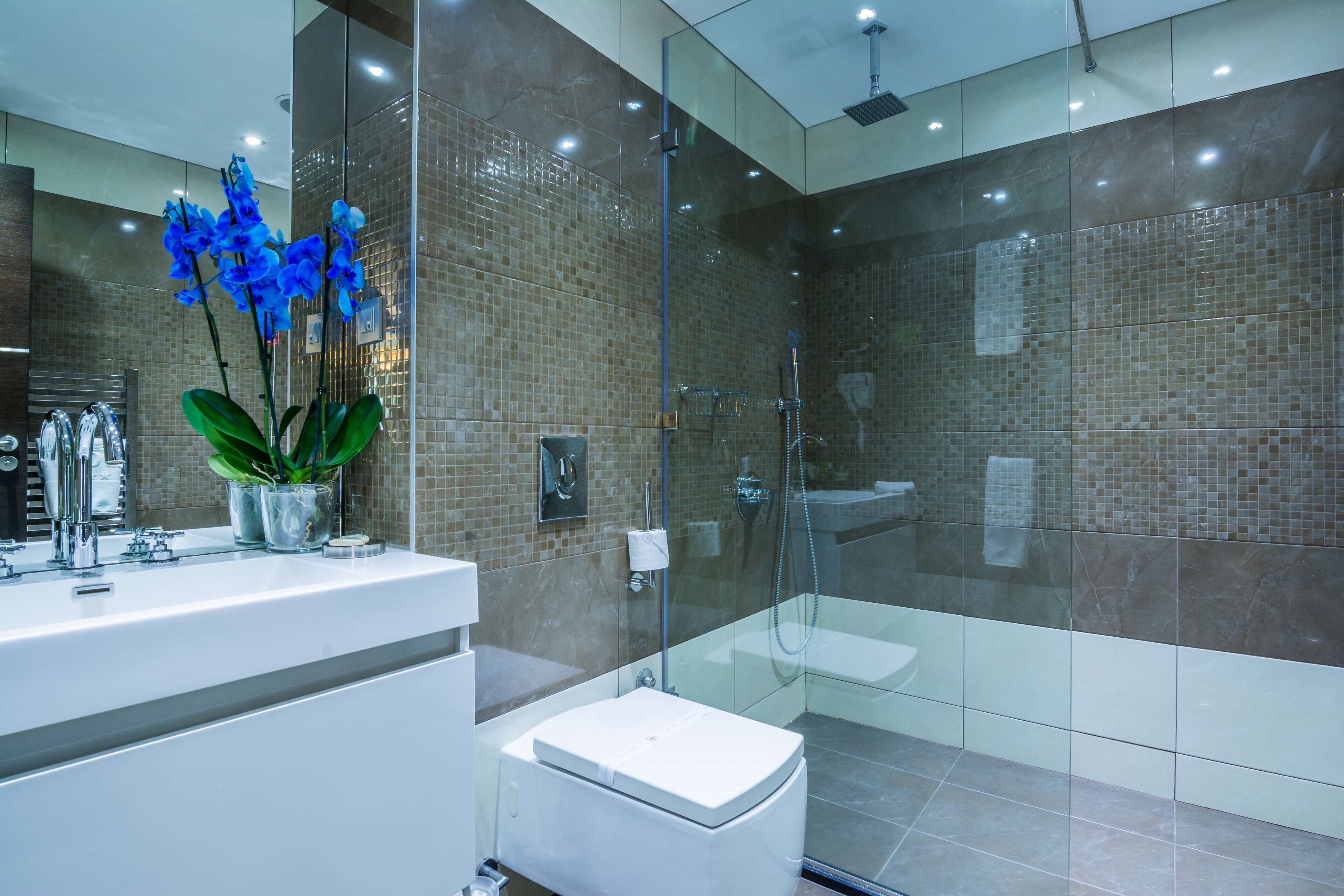 A modern bathroom with a glass-enclosed shower, a white sink, and a potted orchid plant.
