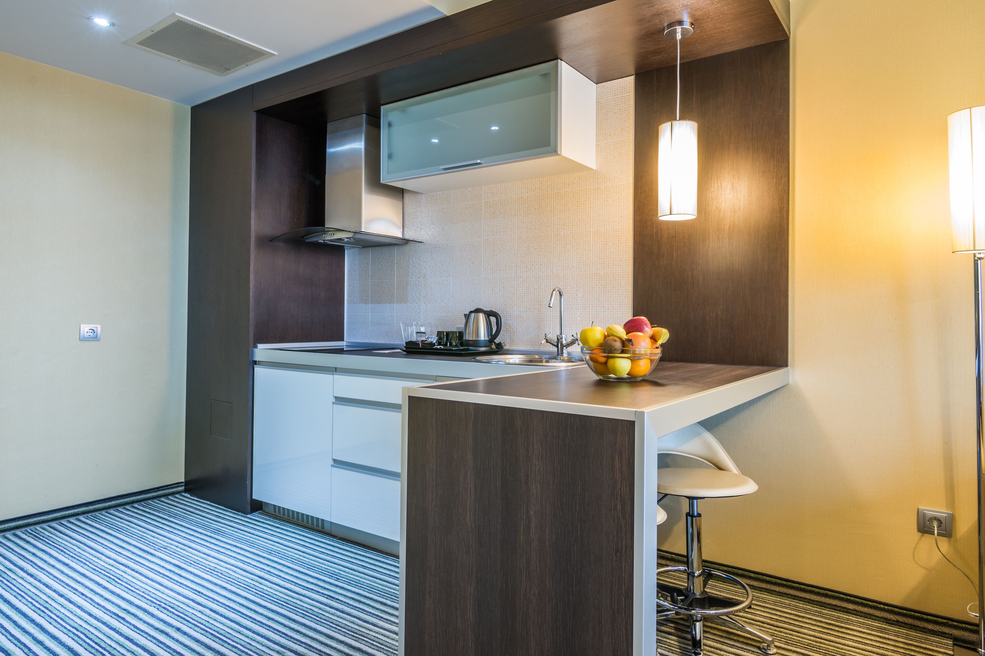 mini-fridge, coffee/tea maker, electric kettle, cookware/dishes/utensils