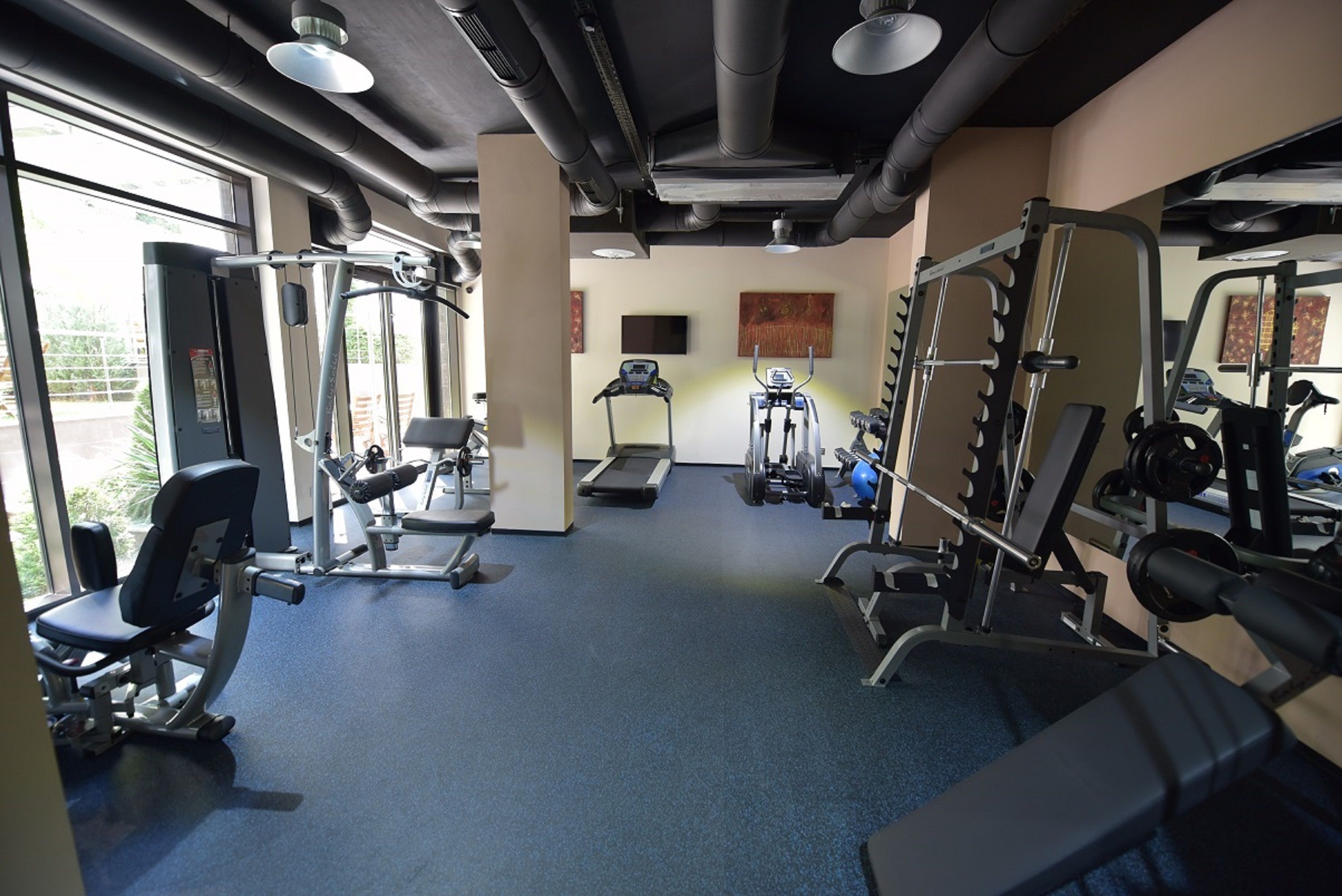 A gym with various exercise equipment, including treadmills, weight machines, and free weights.