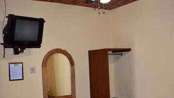 A bedroom with a brick ceiling, a ceiling fan, a television, a mirror, and a bed with a green and white bedspread.