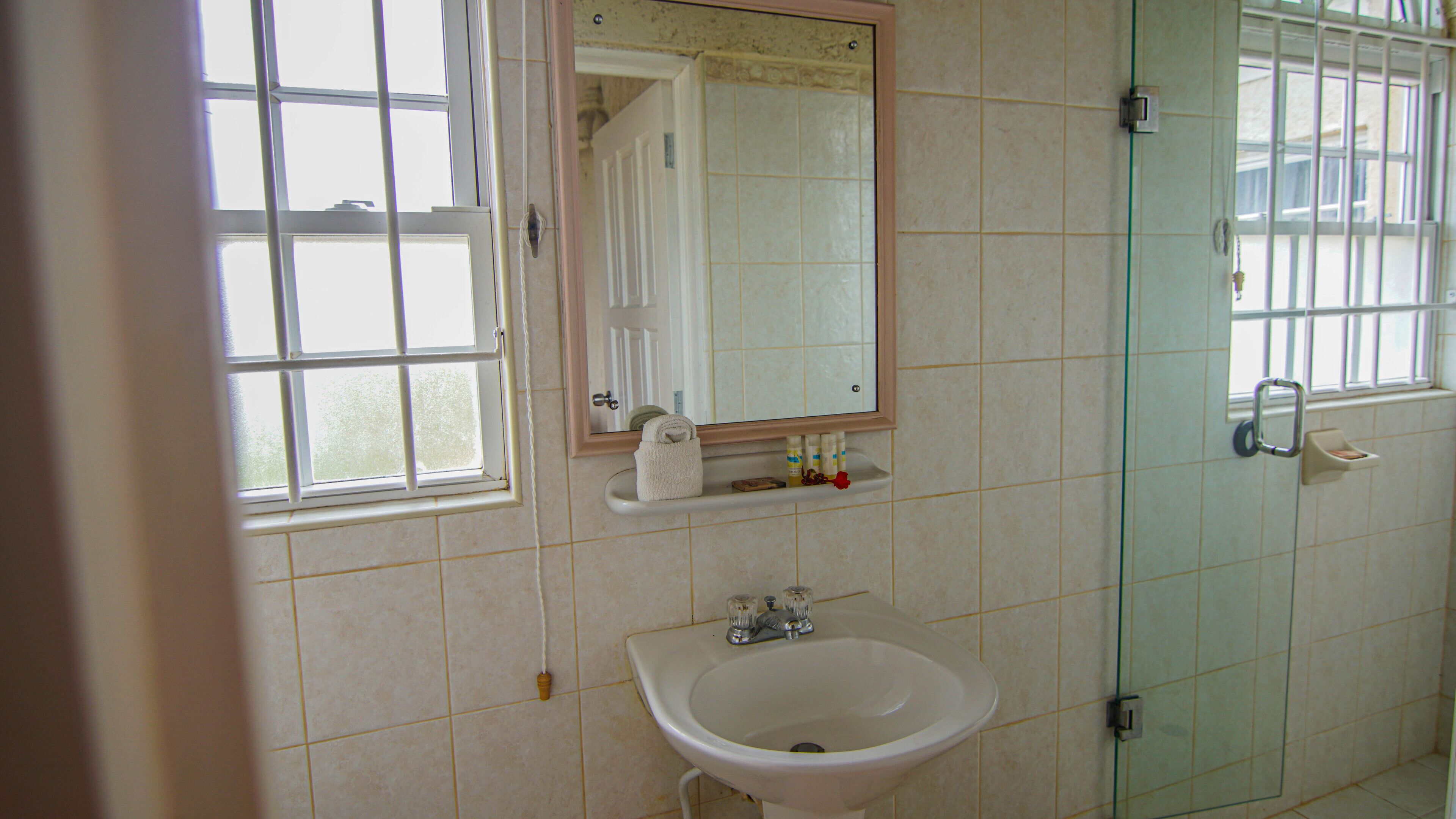 A bathroom with a sink, mirror, and window.