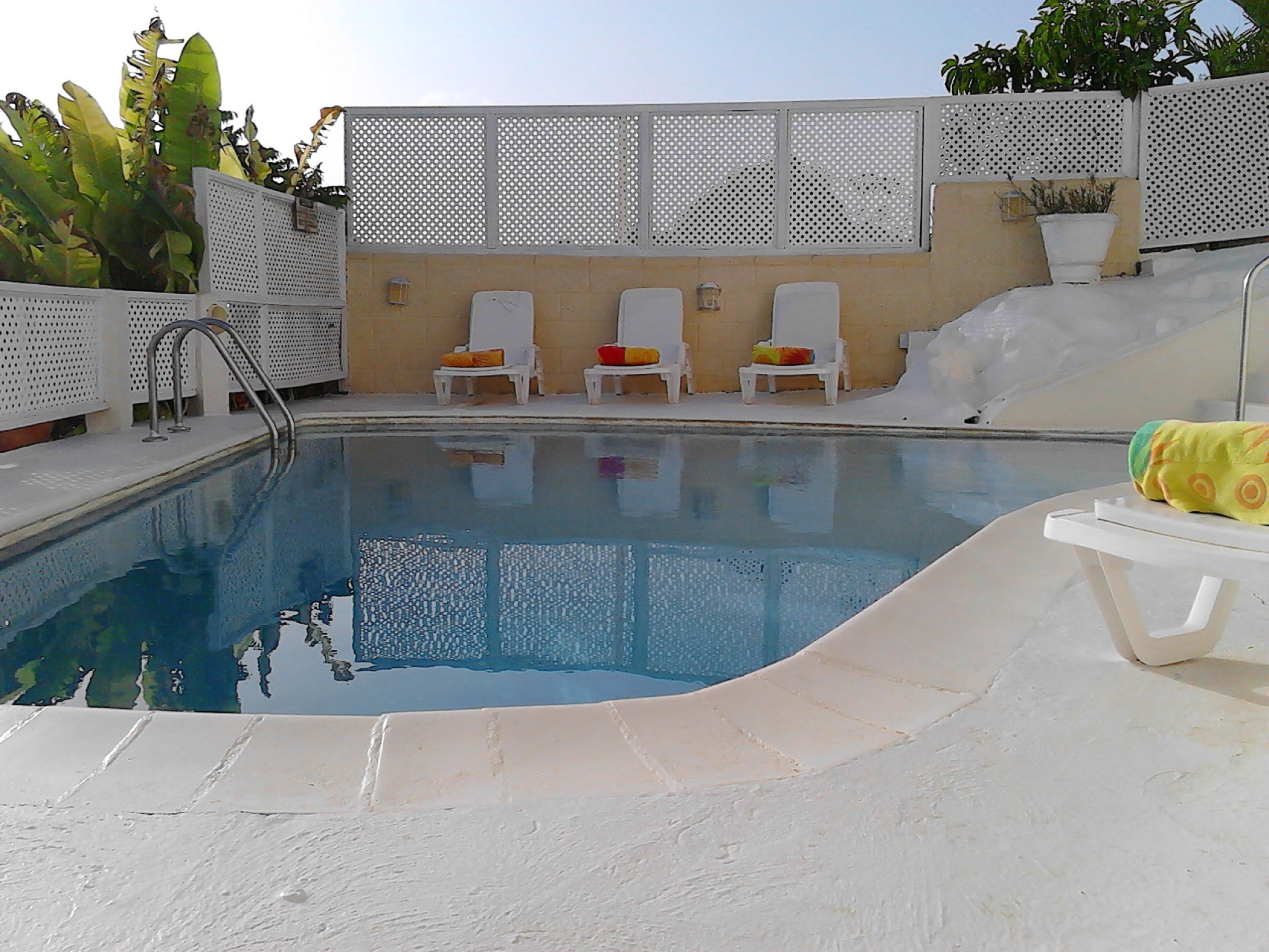 Una piscina con bordo bianco, una scaletta in metallo e diversi lettini con cuscini.