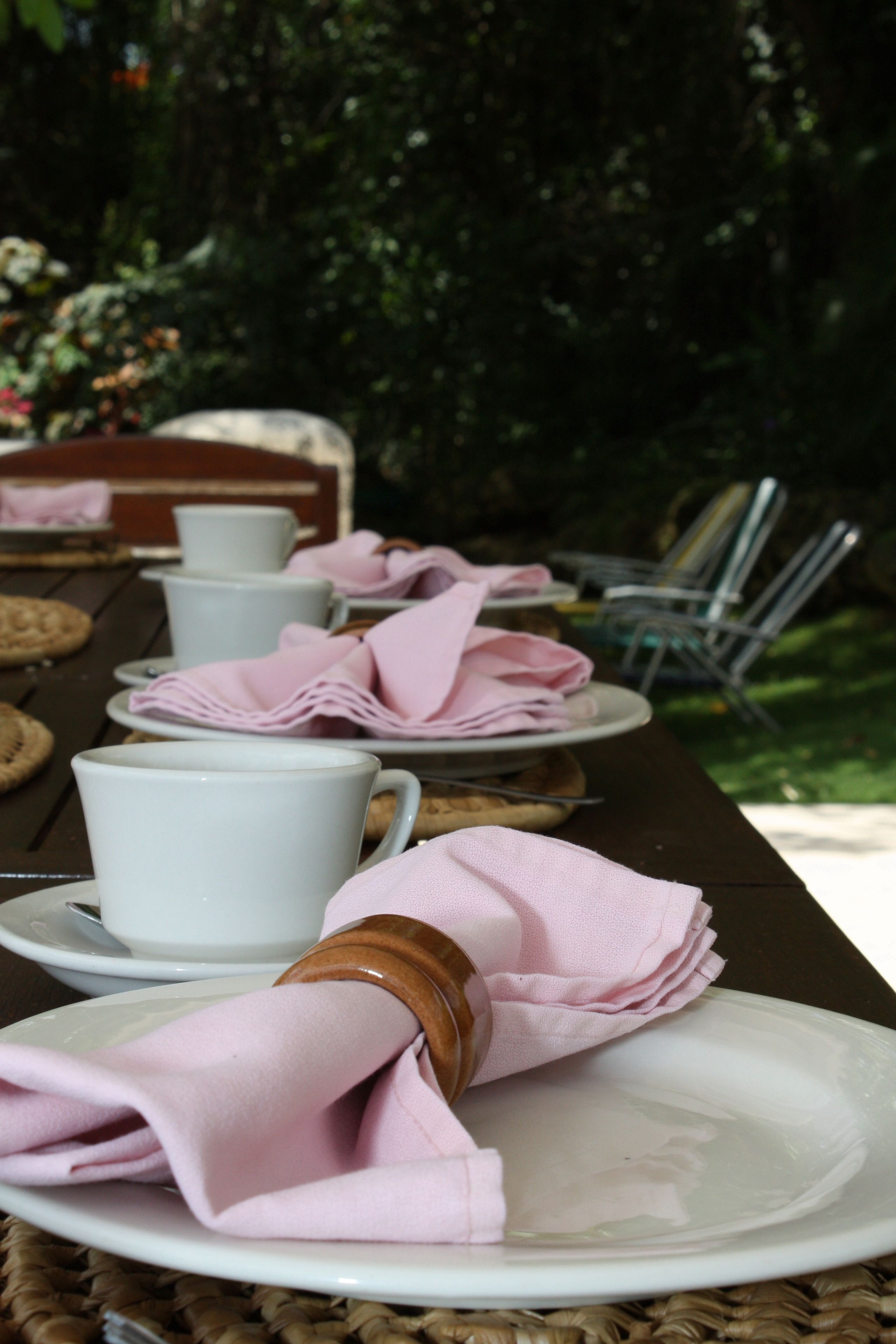 A dining table set with plates, cups, and napkins.