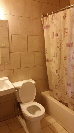 Combined shower/bathtub, deep-soaking bathtub, free toiletries, towels