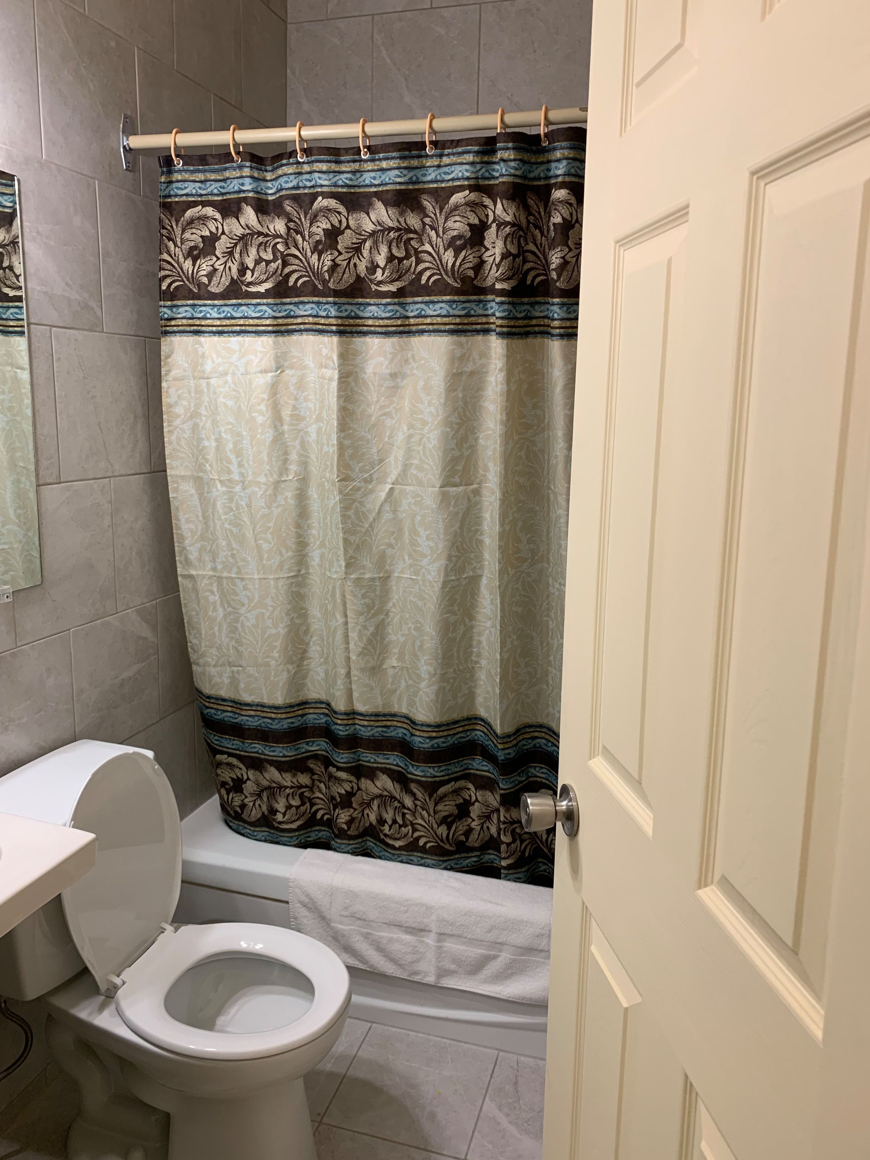 A bathroom with a toilet, a shower curtain with a floral pattern, and a white door.