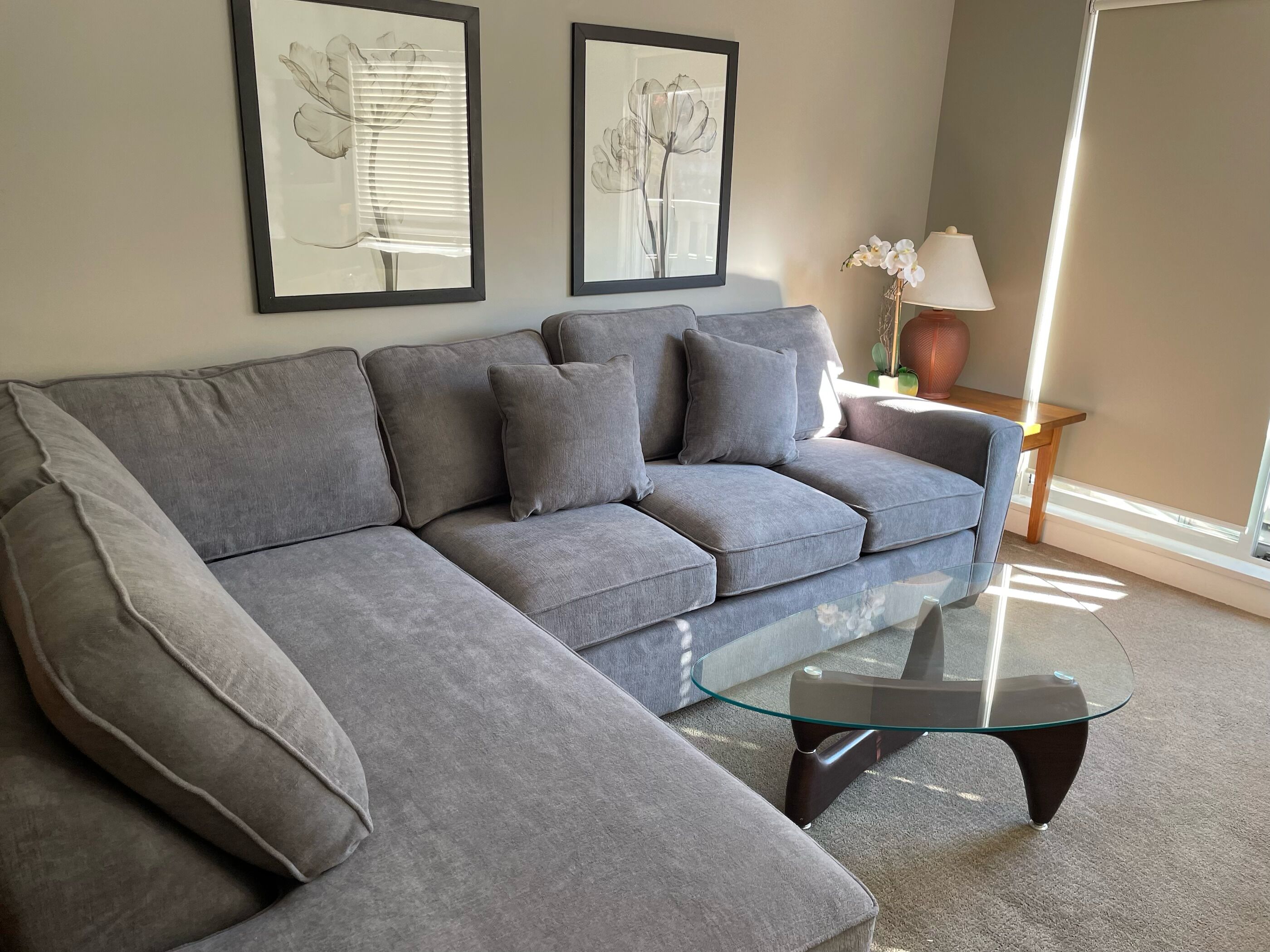 A grey sectional sofa with multiple cushions, a glass coffee table, and two framed floral artworks on the wall.