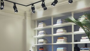 A modern living room with a blue sofa, a coffee table with books and flowers, and a bookshelf filled with books.