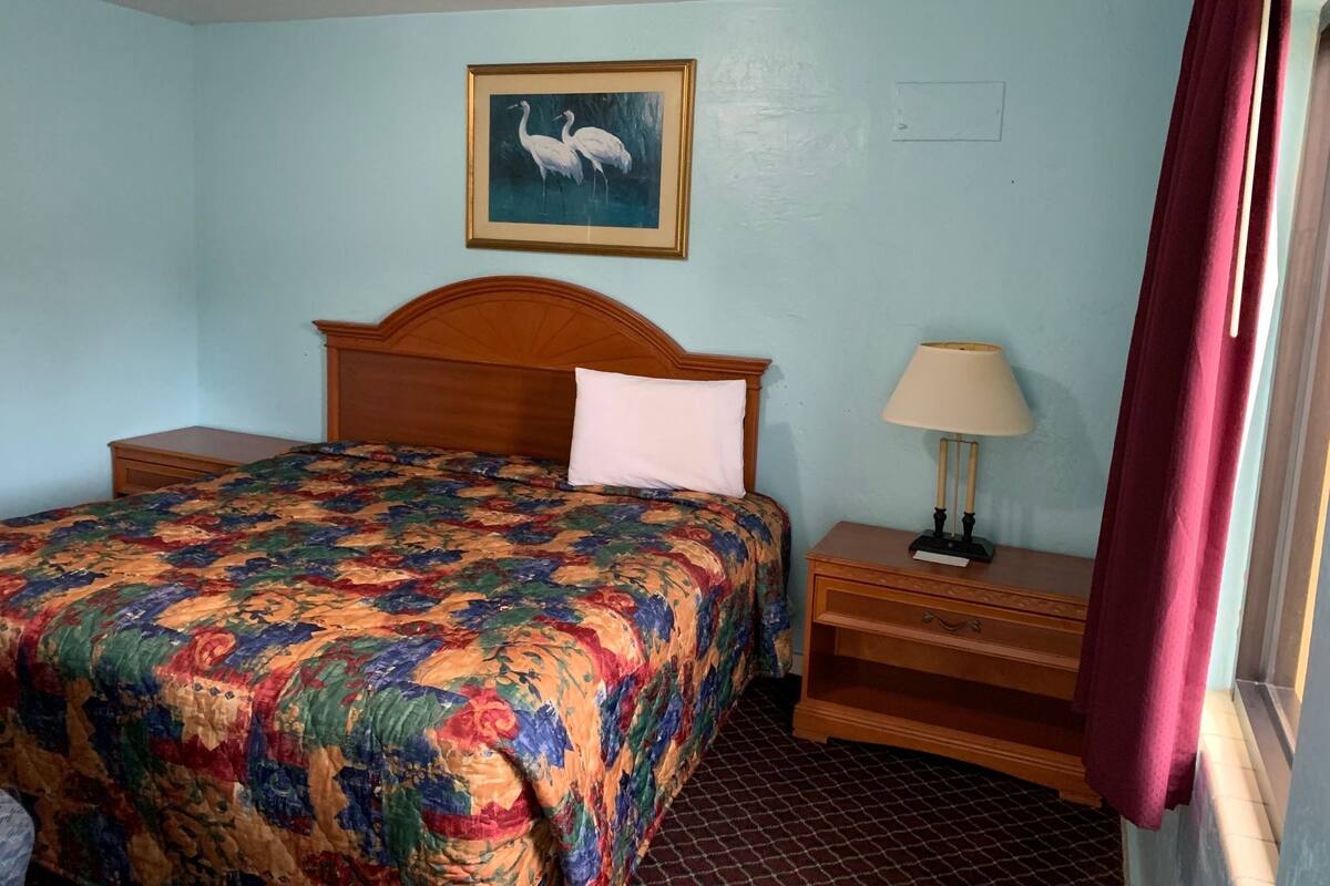 A hotel room with a wooden bed, a colorful floral bedspread, a nightstand with a lamp, and a painting of two birds on the wall.