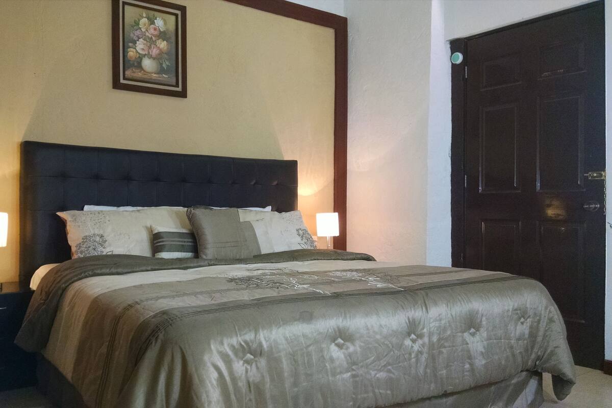 A bedroom with a large bed, two bedside tables with lamps, a dark headboard, a framed picture on the wall, and a dark wooden door.