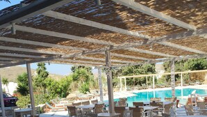 Un área de estar al aire libre con mesas y sillas, una piscina al fondo y una pérgola sobre ella.