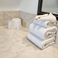 Combined shower/tub, free toiletries, towels, soap