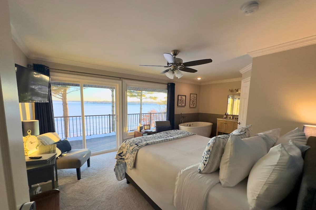 A bedroom with a large bed, a ceiling fan, a bathtub, and a view of a snowy outdoor area.