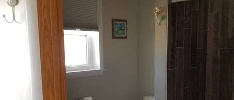 A bathroom with a toilet, a shower with dark tiles, a window with blinds, and a picture on the wall.