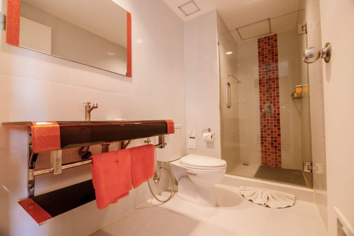 shower, free toiletries, hair dryer, towels