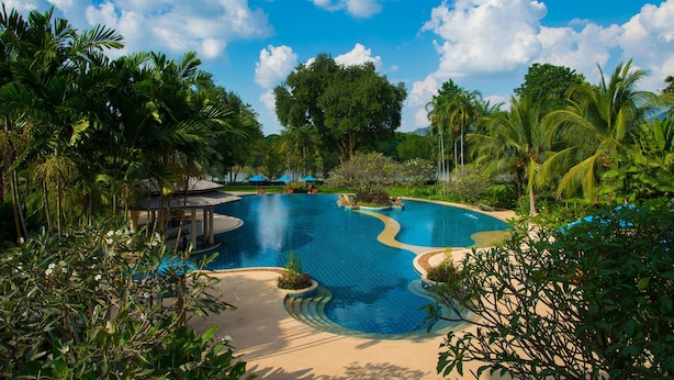 A large outdoor swimming pool surrounded by lush greenery and palm trees.