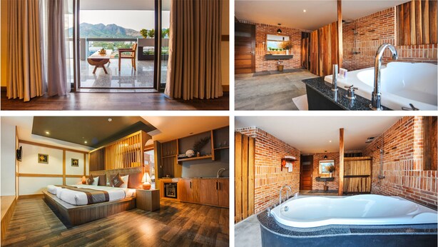 Une chambre d’hôtel avec balcon, une salle de bain avec baignoire et une chambre à coucher avec un grand lit et un bureau.