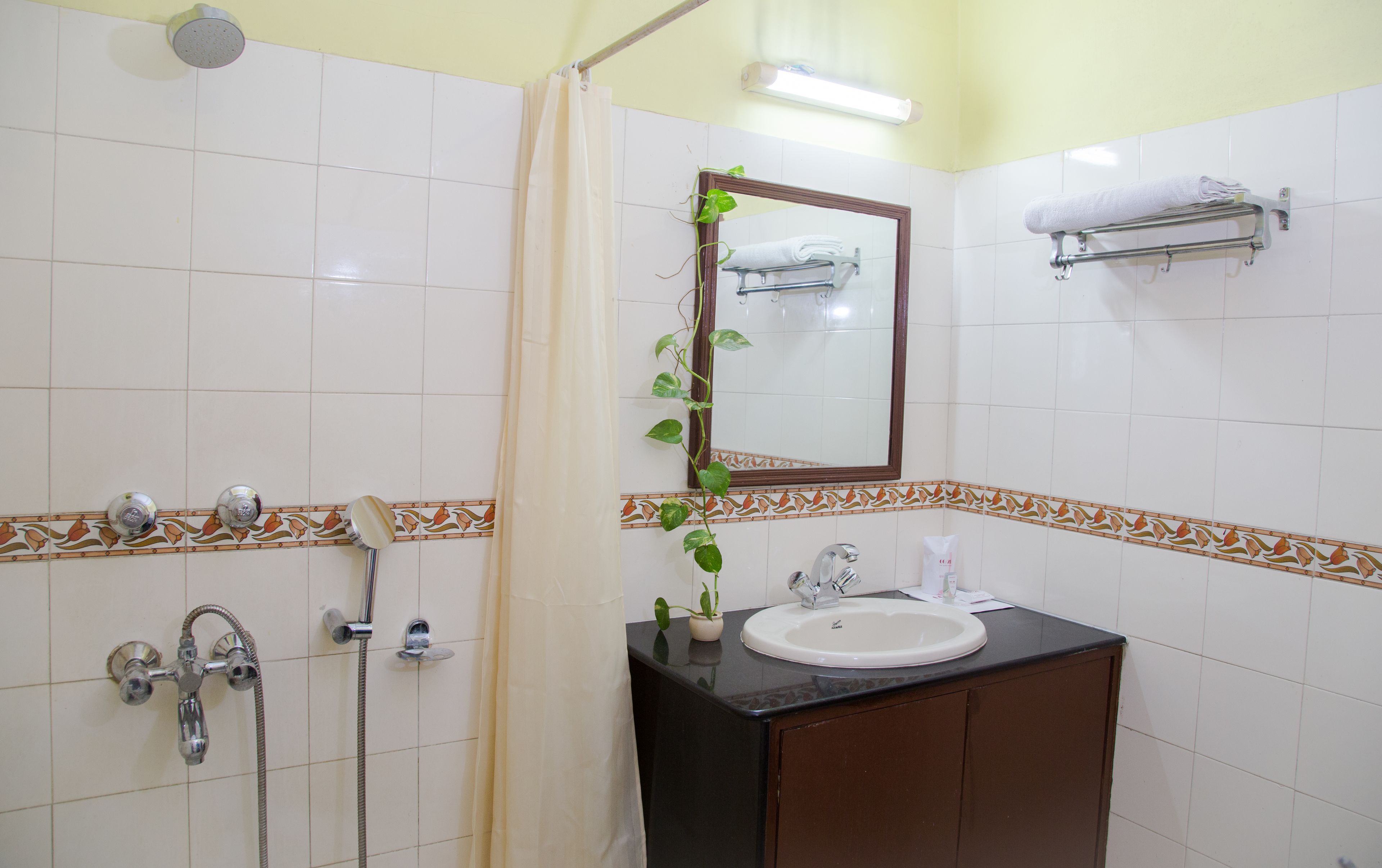 A bathroom with a shower, sink, and mirror.