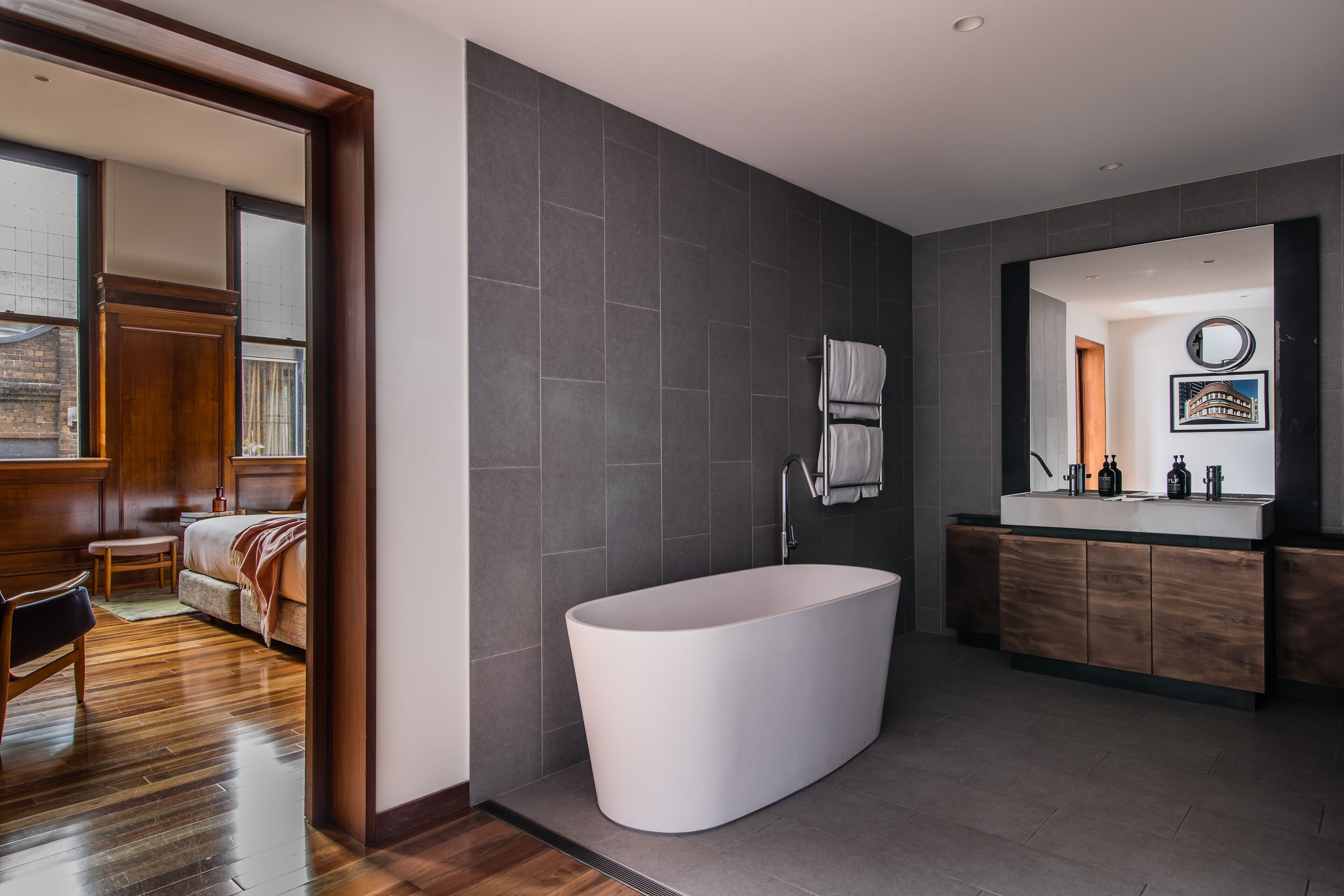 Designer toiletries, hair dryer, bathrobes, slippers