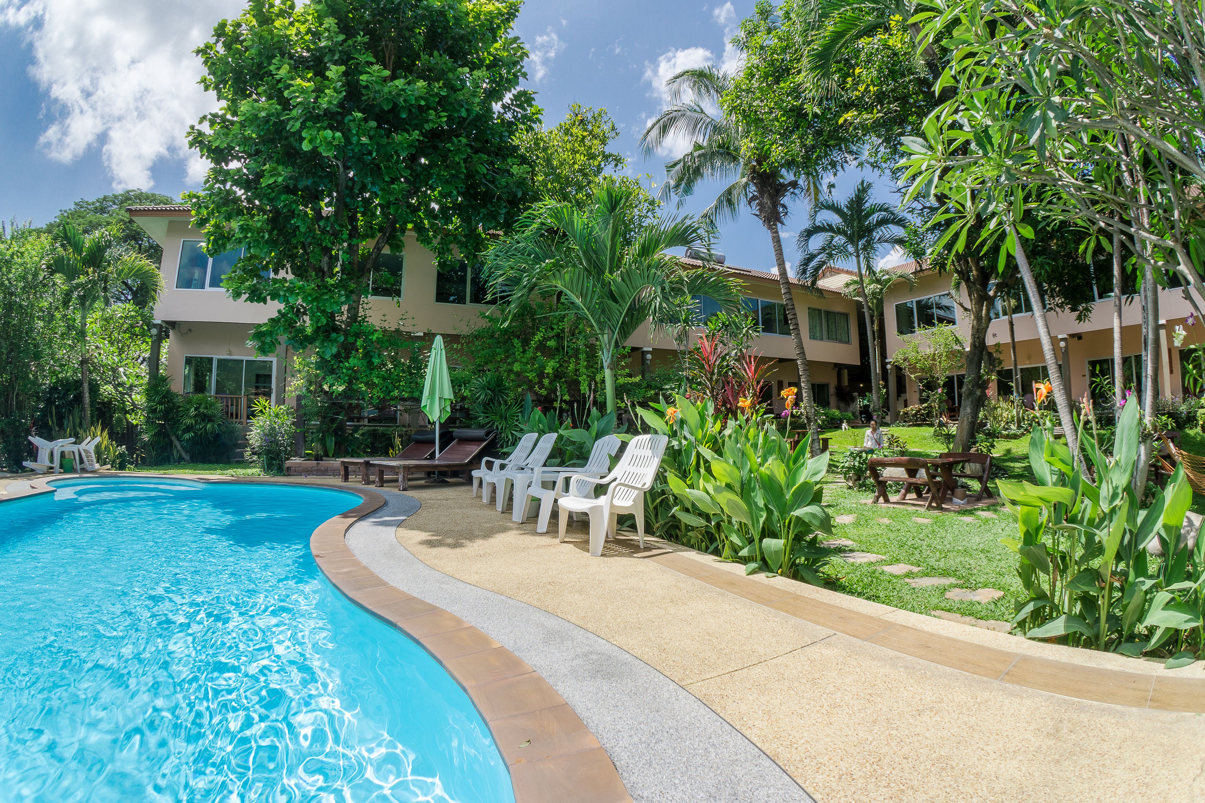 outdoor pool, pool umbrellas, pool loungers