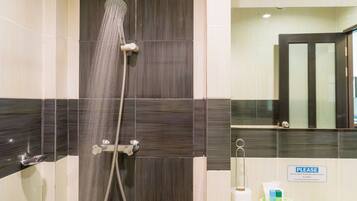 Shower, free toiletries, hair dryer, towels