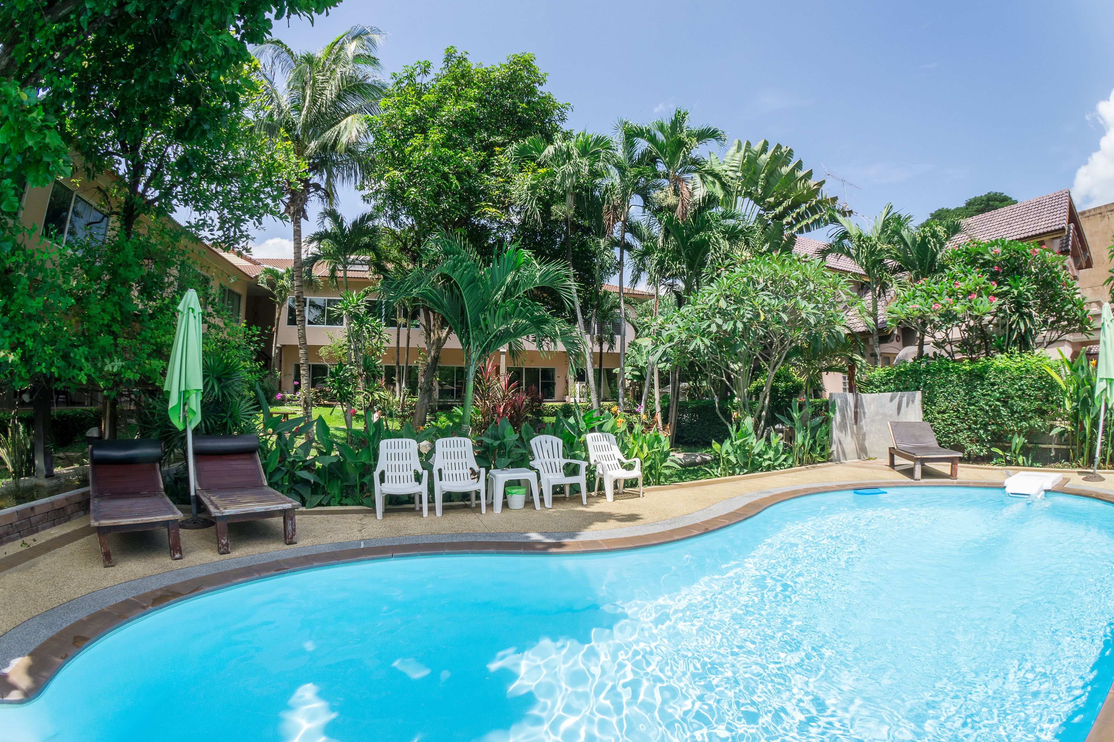 outdoor pool, pool umbrellas, pool loungers