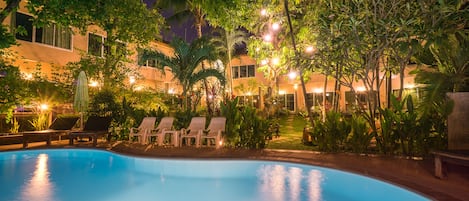 Outdoor pool, pool umbrellas, pool loungers