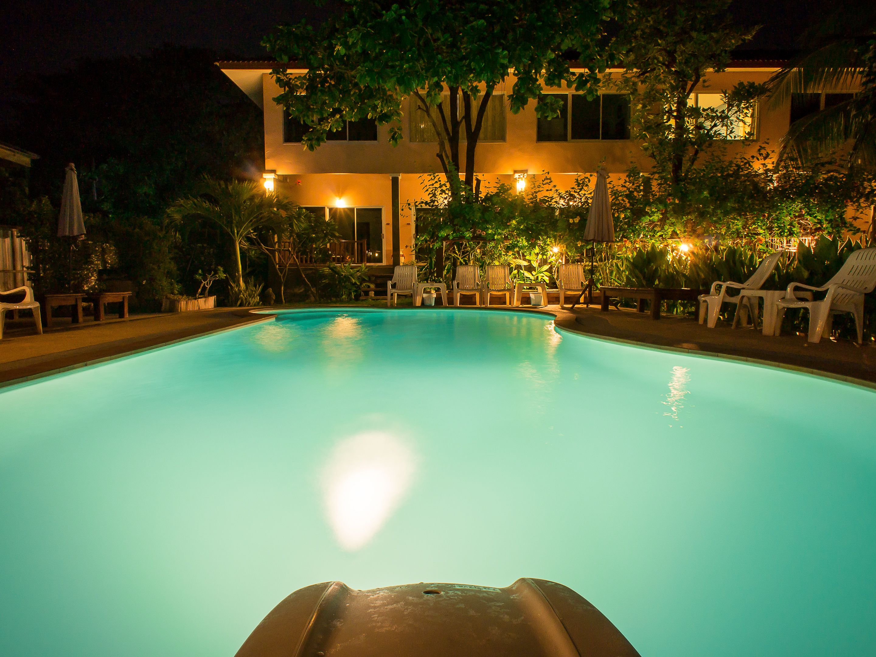 outdoor pool, pool umbrellas, pool loungers