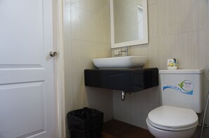A bathroom with a white toilet, a black sink, and a mirror above the sink.