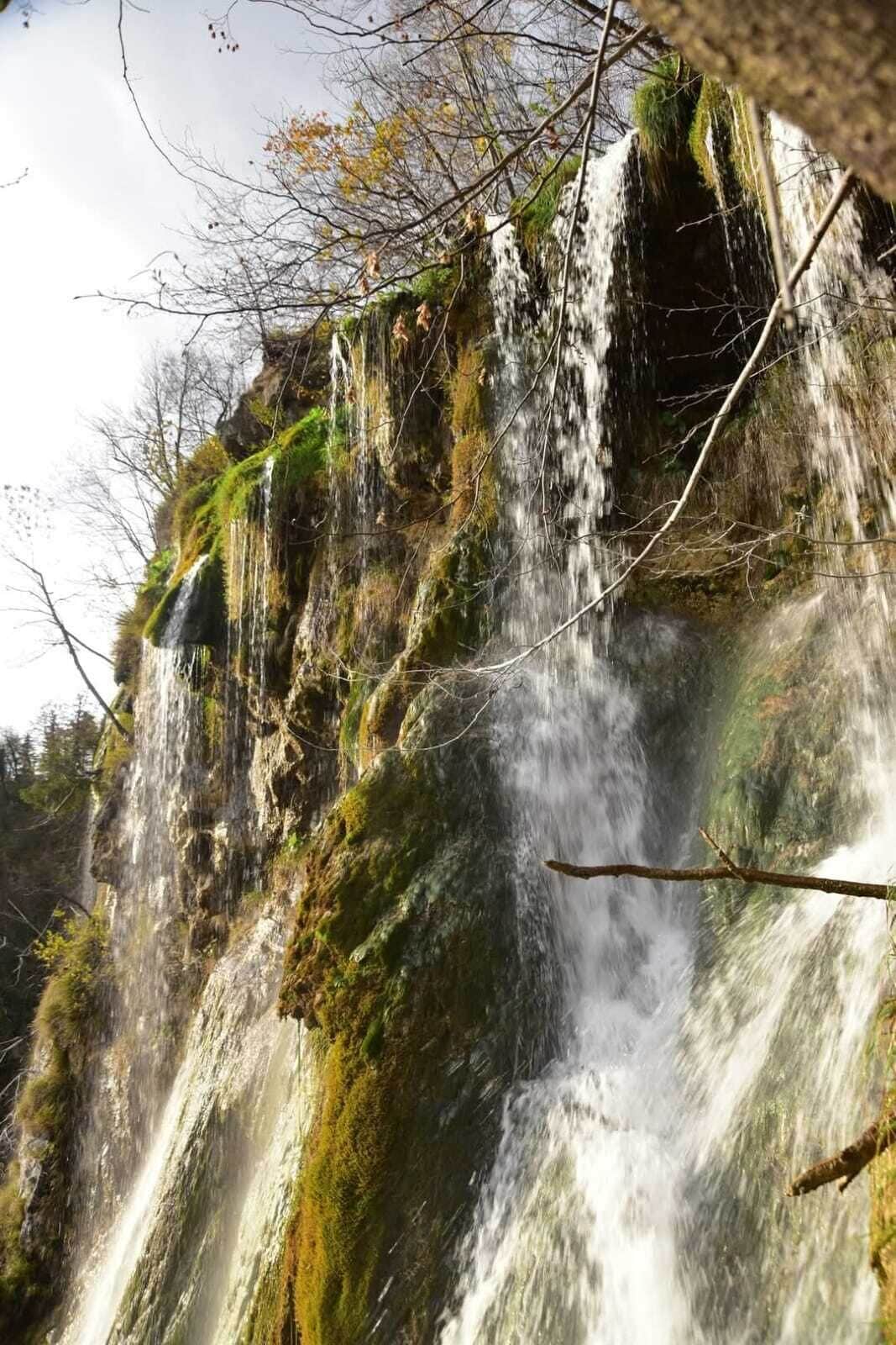 Une cascade dévalant une falaise rocheuse, entourée d’arbres.