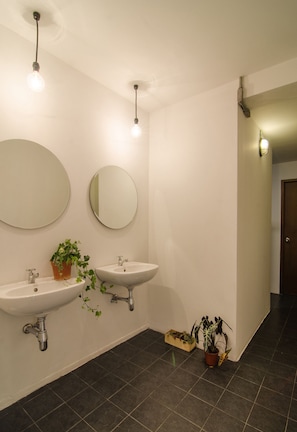 Un baño moderno con dos lavamanos, un espejo y plantas en macetas.