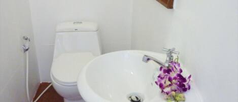 A bathroom with a toilet, sink, and a wooden shelf above the sink.